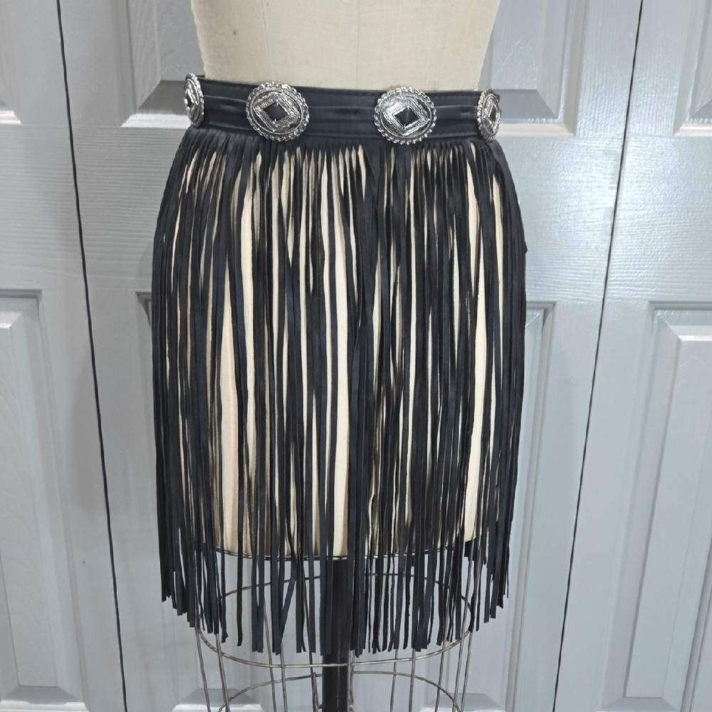 BLACK LEATHER ONESIZE FRINGE BELT / MOCK SKIRT WITH METAL ACCENTS